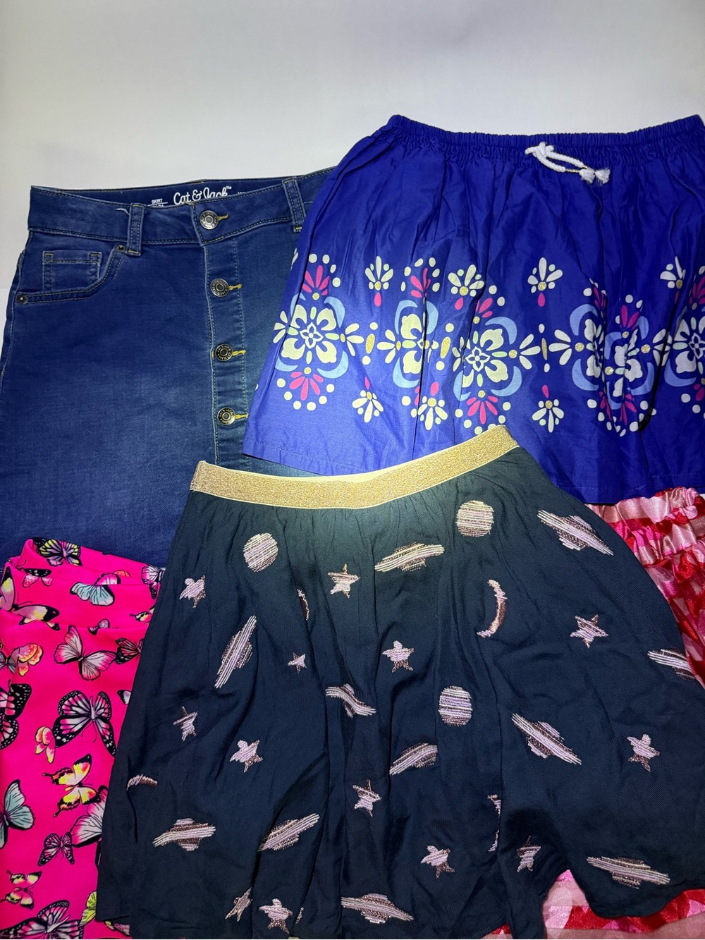 5 girls skirts! Butterflies, Planets, Hearts, stretch Denim & Moroccan Floral